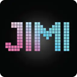 โลโก้ JIMI ตัวอักษรพิกเซลสีชมพูฟ้า